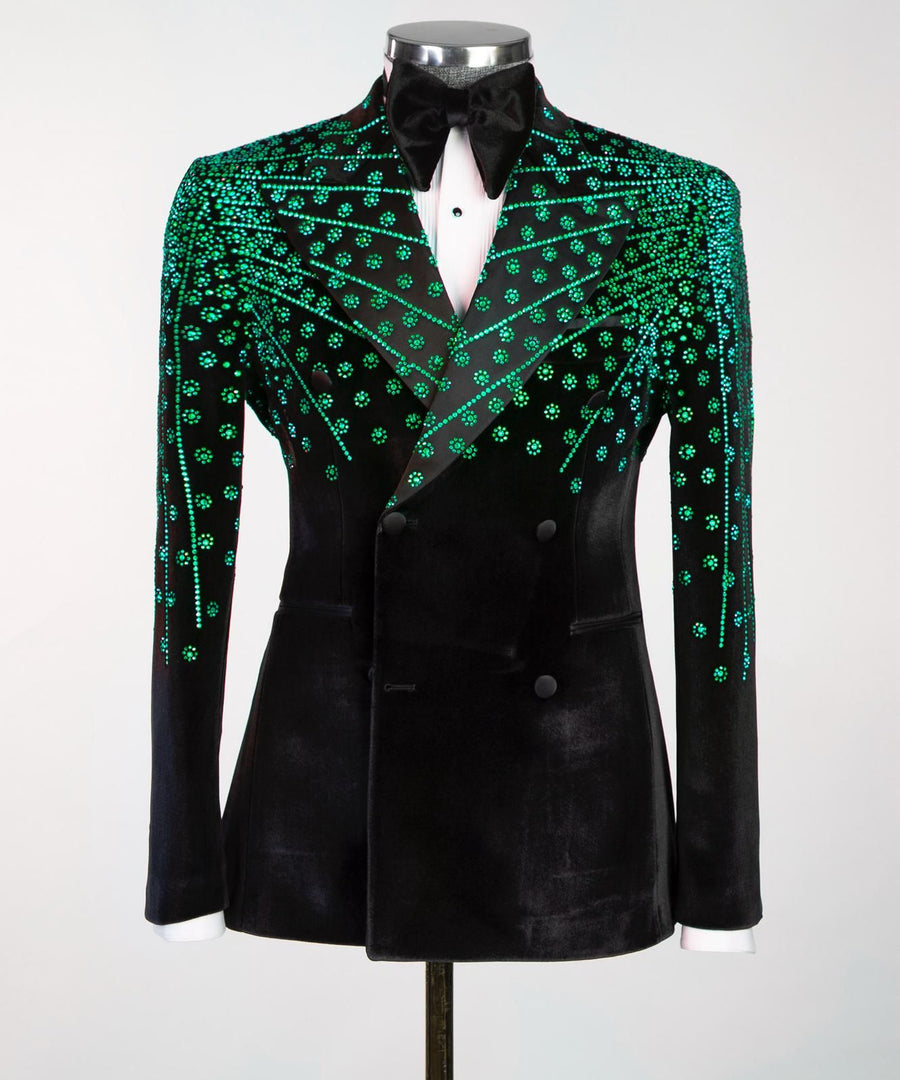 London Classic Black-Green Velvet Double breasted Suit.