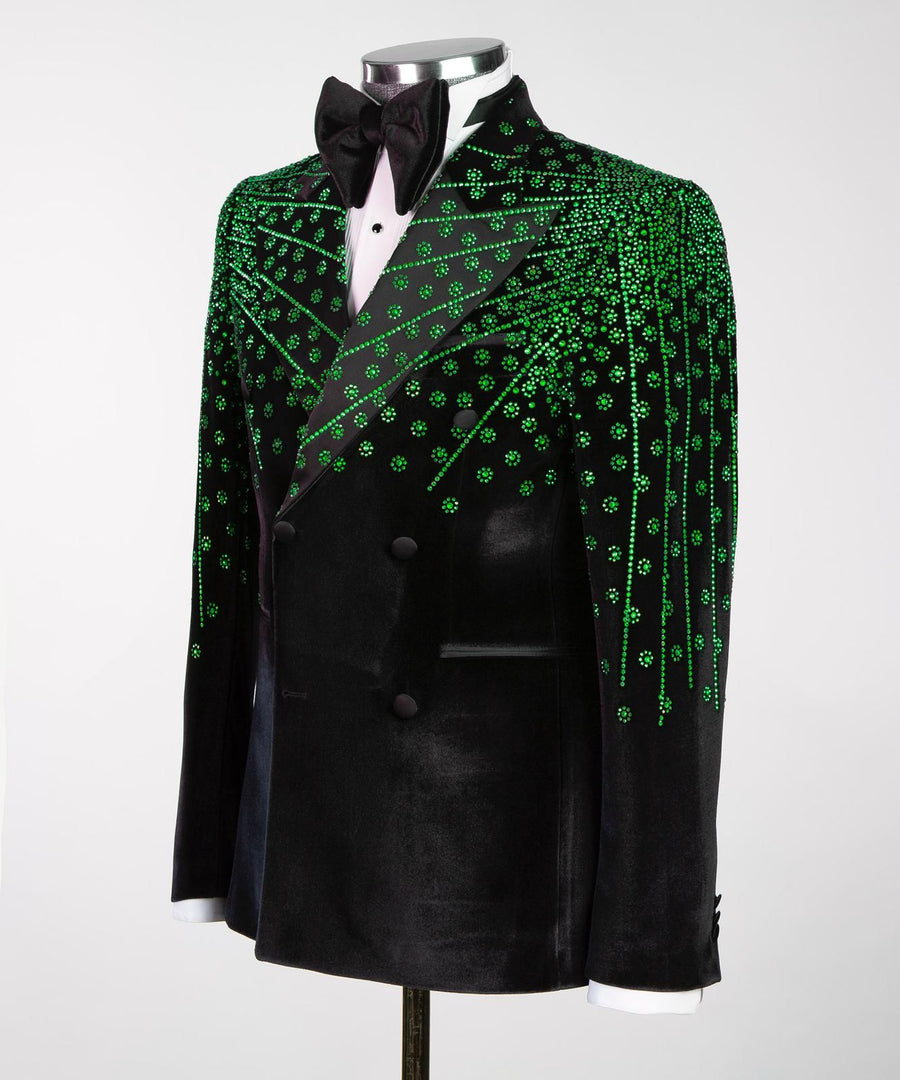 London Classic Black-Green Velvet Double breasted Suit.