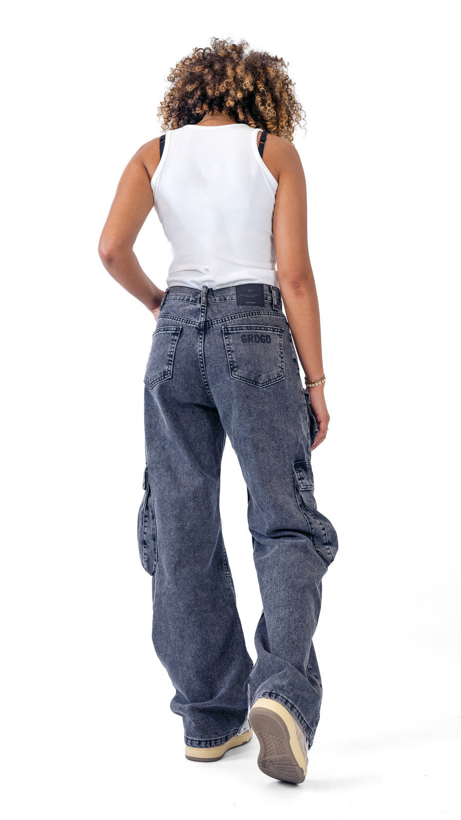 blue cargo jeans pants with pockets