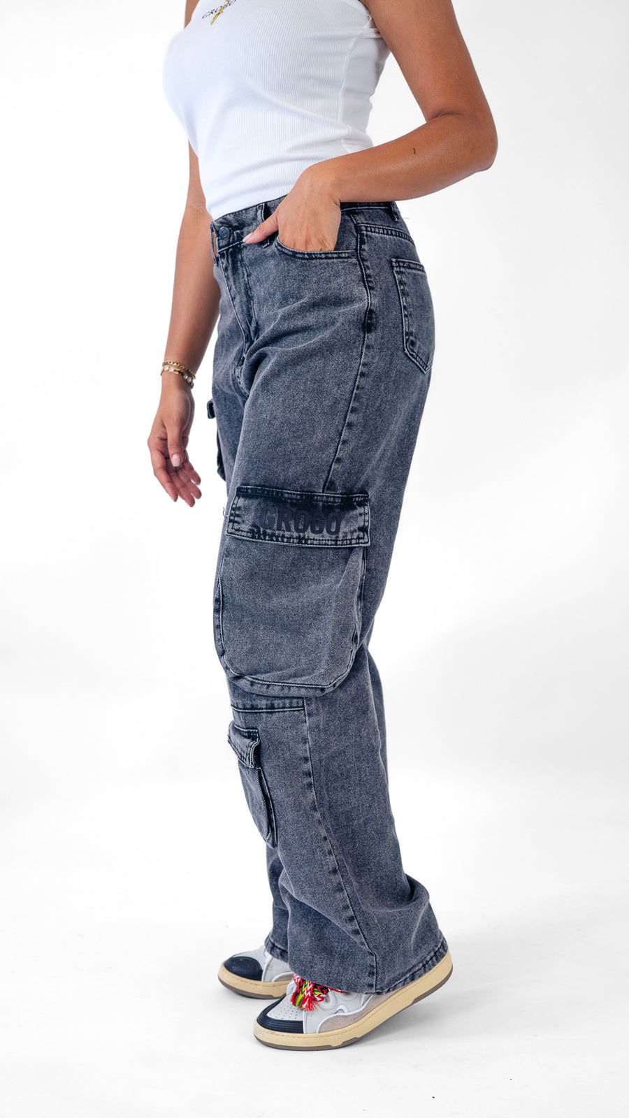 blue cargo jeans pants with pockets