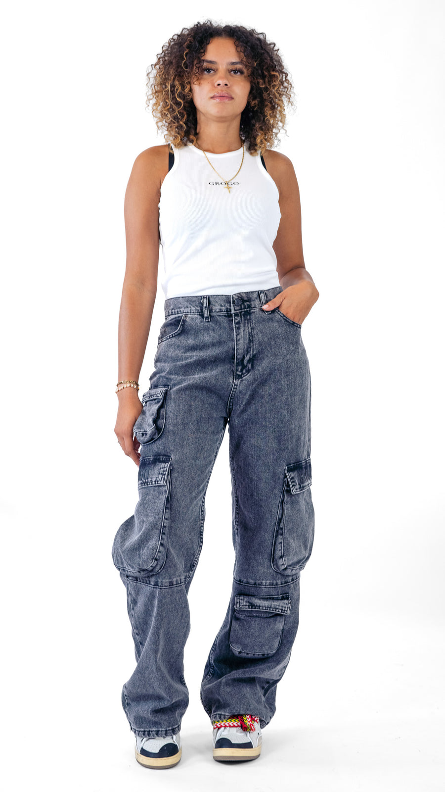 blue cargo jeans pants with pockets